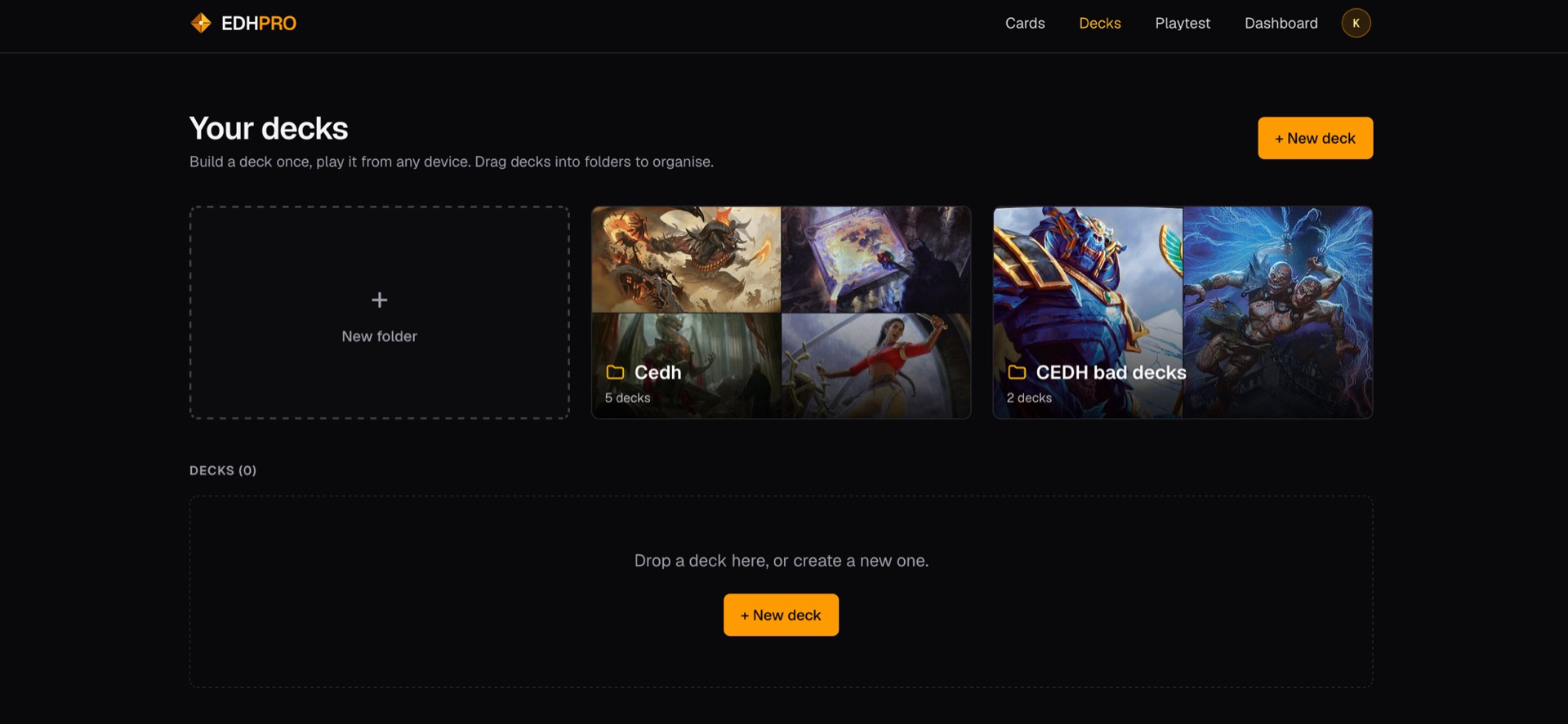 The Your Decks page with art-collage folder tiles.
