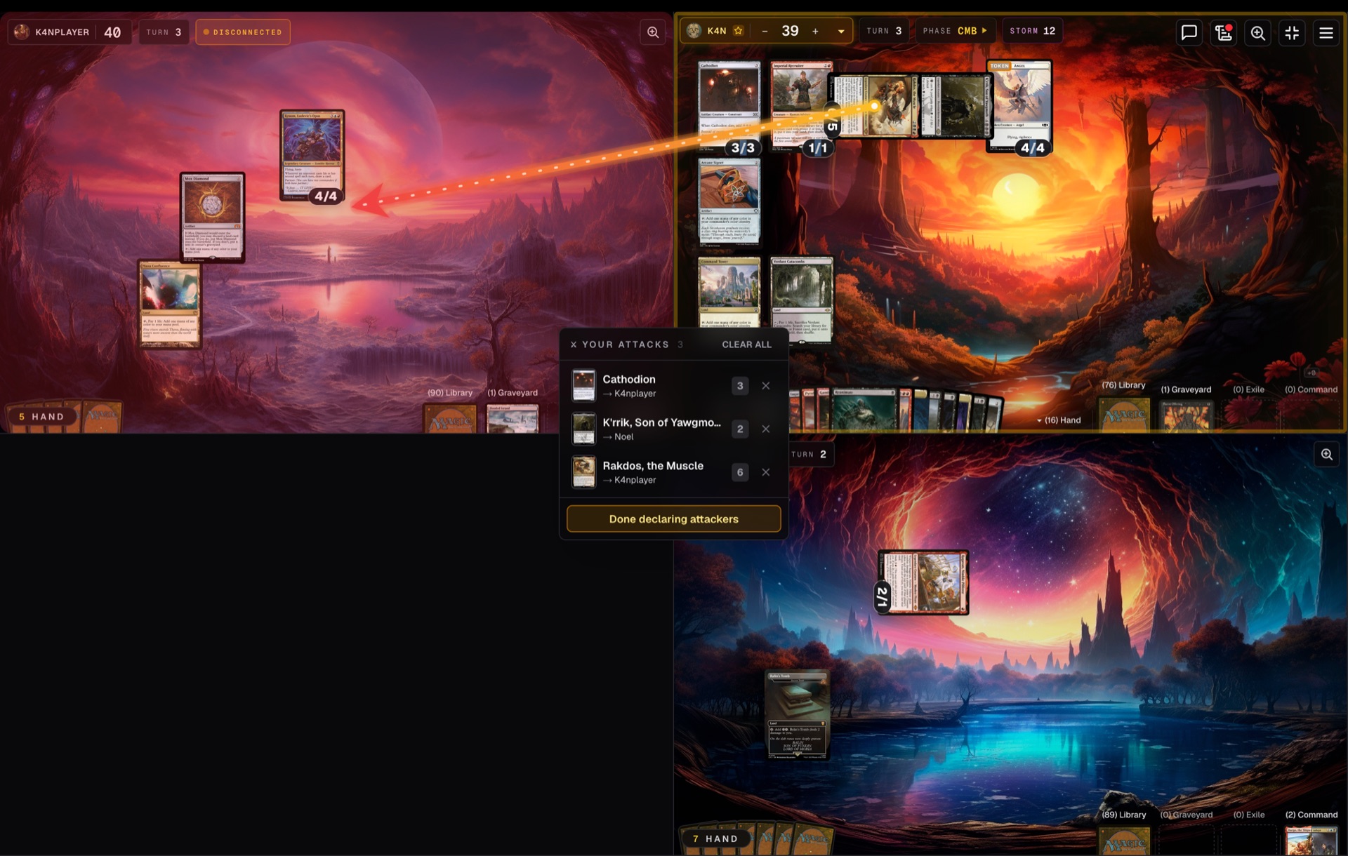 A four-player BoardGG multiplayer pod mid-combat with a glowing attack arrow.