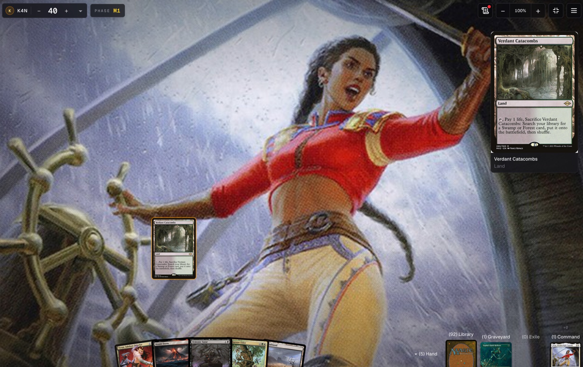 A solo BoardGG playmat with a card on the battlefield and the hand fanned at the bottom.
